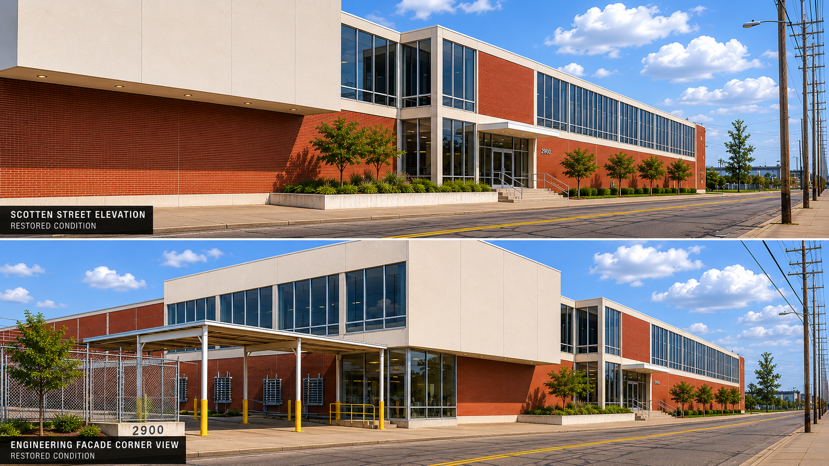 Restored architectural rendering of the Scotten Street Cadillac-era campus with cleaned facade and restored glazing