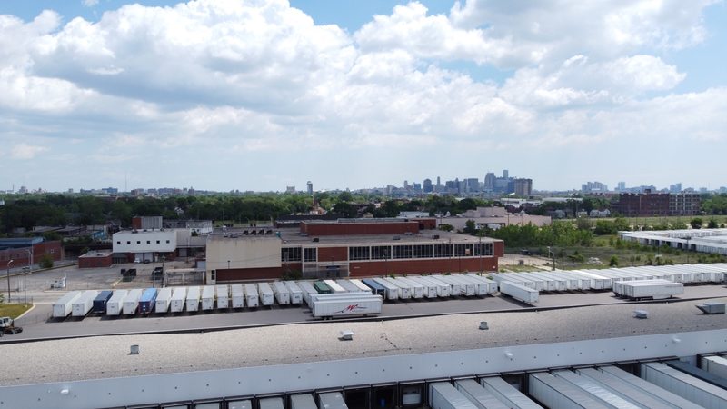 Present-day aerial view of the Scotten Street campus from the east, looking toward the Detroit skyline