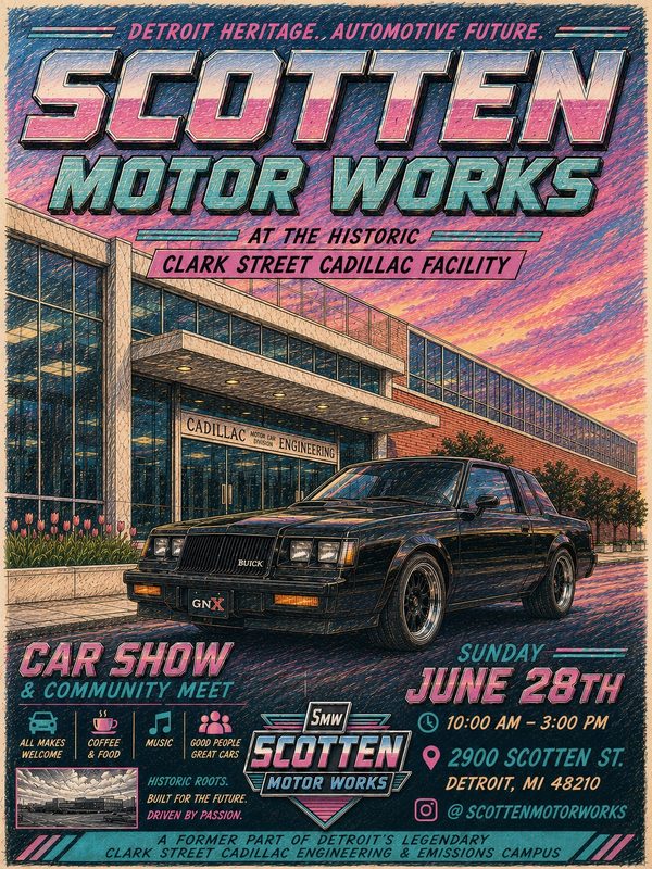 Official Scotten Motor Works first gathering poster featuring a black Buick GNX at the historic Clark Street Cadillac facility, Sunday June 28th, 10AM to 3PM, 2900 Scotten Street, Detroit